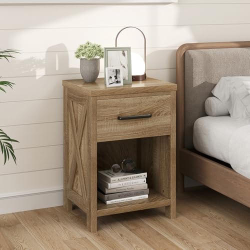 Giantex Farmhouse Nightstand, Wooden Bedside Table with Storage Drawer & Open Shelf, End Side Table, Rustic Night Stand for Small Space Bedroom & Home Office, Natural