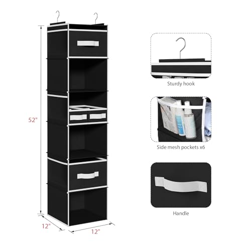 Univivi 6 Shelf Hanging Closet Organizer and Storage with 4 Removable Drawers & 6 Side Pockets,Wardrobe Clothes Organizer,Closet Hanging Shelves,Hanging Storage Organizer,Foldable