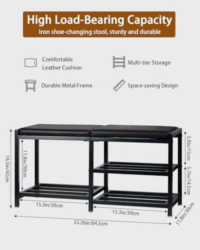 Shoe Rack Storage Bench for Entryway - Iron Shoe Rack with Bench for Entryway, Front Door Entrances or Bathroom, Space-Saving and Robust, Holds Up to 560 lb
