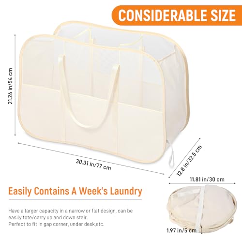 Collapsible Laundry Baskets with 3 Compartment, 150L Tear-proof Pop Up Hamper, Foldable Laundry Basket with Tote Handles, Dirty Clothes Hamper for Laundry, Bedroom, Bathroom, Dorm Beige - style: 3 Compartments- Beige