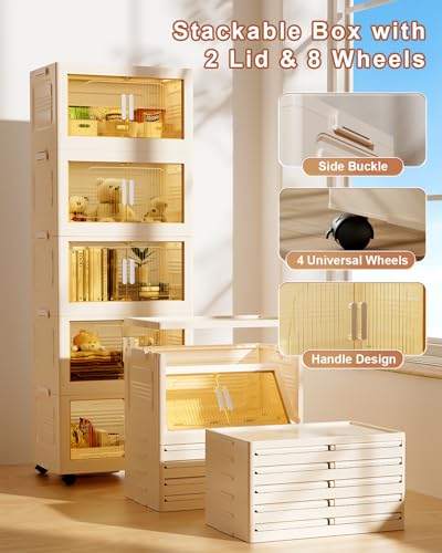380QT Stackable Storage Bins with Lids 5 Pack, 95Gal Storage Containers with Smooth-Rolling Wheels, Plastic Closet Organizers and Storage, Collapsible Storage Bins for Home, Office and Dorm - style: 5 Pack
