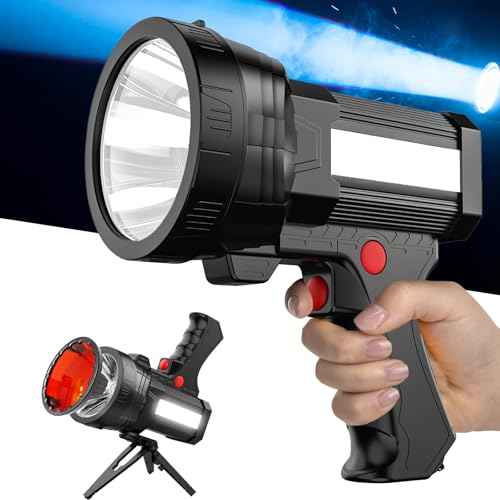 BIGSUN Q953 Rechargeable Spotlight Flashlight, 100,000 High Lumen LED with COB Flood Light, Built-in 10,000 mAh Li-Ion Battery for Patrol, Working, Hunting, Red Lens and Hands-Free Tripod Included