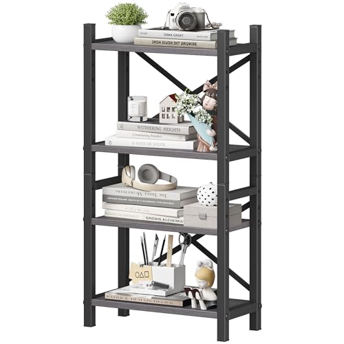Desktop Bookshelf, 4-Tier Stackable Narrow Bookcase, Adjustable Industrial Desk Organizer & Hutch - Rustic Brown Wood Desktop Book Organizer for Living Room, Bedroom & Home Office - color: Grey