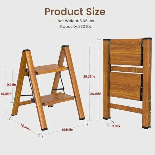HBTower Step Ladder,Lightweight Aluminum Folding Step Stool with Anti-Slip Wide Pedal,330lbs Capacity Step Ladder for Household,Kitchen,Office - Woodgrain