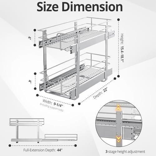 ZOINLIY Pull Out Cabinet Organizer, Versatile Slide Out Kitchen Organizers and Storage,Heavy Duty Drawer Cupboard Storage Basket, Smooth Sliding, Chrome Finish (2-Tiers-9¼''W×22“D) - size: 2-Tiers 9¼''W×22”D