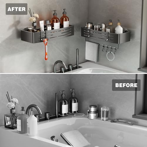 Voldra Shower Caddy Suction Cup, 2 Pack Shower Shelves for Inside Shower No Drilling, Aluminum Suction Showers Organizer with Towel Bar & Hooks Removable Bathroom Shelf Storage Rack(Gray) - style: Suction Cup Rectangle-2 Pack