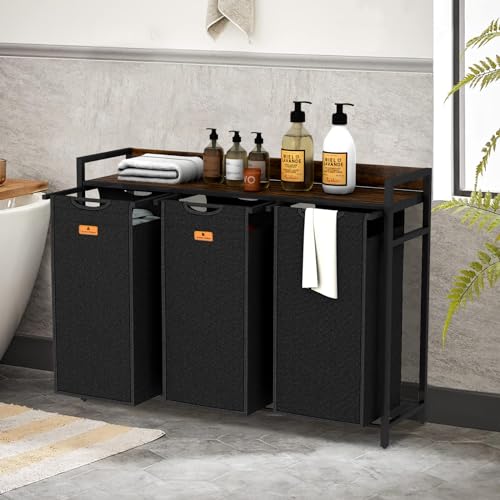 Lifeand Laundry Hamper, Laundry Clothes Sorter with 3 Pull-Out Bags and Shelf, Laundry Basket 3 Section, 3×10Gal(38L), Rustic Brown and Black