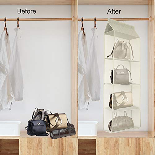 Closet Handbag Purse Holder, Space Saving Hanging Handbag Storage Tote Bag Organizer Holder with 4 Large Heavy-Duty Mesh Shelves for Wardrobe Closet(Pack of 2 Beige) - color: Pack of 2 Beige