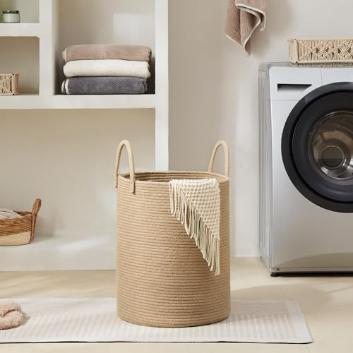 YOUDENOVA Cotton Laundry Hamper, 58L - Woven Collapsible Storage Basket - Jute Brown - color: Jute Brown, size: 58L