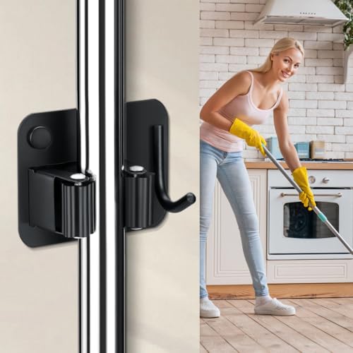 JAMEND CLXP 4-Pack Broom Holder with Heavy Duty Hooks, Upgraded Stainless Steel Mop Hanger. Wall Mount Utility Tool Rack for Kitchen Garden Laundry Garage. Matte Black. - color: 4PCS-Matte Black+Hook