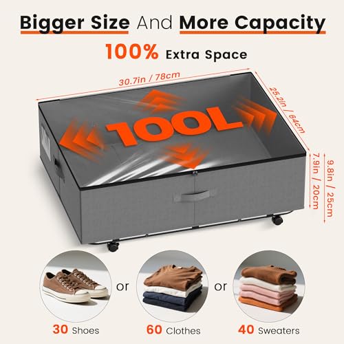 XXXL 100L Under Bed Storage with Wheels, Rolling Storage Containers with Support & Clear Lid, Heavy-Duty Metal Frame, Easy Pull-out, Underbed Storage Bins for Clothes, Shoes, Blankets, and Toys 2 pack - size: 100L-2pack