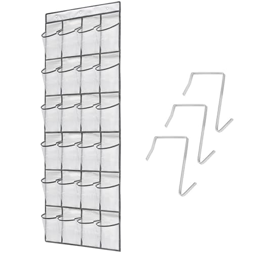 Over the Door Shoe Organizer, 24 Large Breathable Mesh Pockets, Space Saving Hanging Storage Holder, Hangs on Closets for Shoes, Accessories, 3Hooks, GREY (66"x 19")