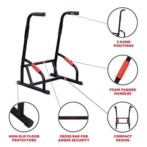 Sunny Health & Fitness Power Tower, Dip Bar, Push-Up & Pull Up Assisting Parallette Station w Optional Rock Climbing Grip Trainer