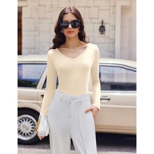 Ekouaer Womens 3 Pack Long Sleeve Shirts V Neck Ribbed Slim Fit Basic Tops Thermal Undershirts Casual Tee XS-XXL