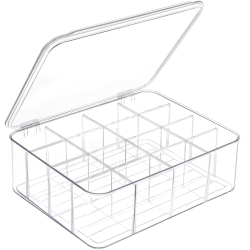 DILIBRA Socks Underwear Drawer Organizer for Closet, 16 Compartment Removable Divided Plastic Clear Sock Storage Box with Lid, Underwear Storage Tie Organizer Box for Bra Socks Ties Scarf Tea Bag