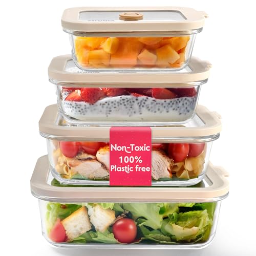 Ziruma Non-Toxic 4 Pack - Glass Food Storage Containers With Lids – Plastic Free, Airtight Meal Prep Containers, Multi-Size (12, 21, 35, 50 Oz), Microwave & Freezer Safe - size: Multi-Size