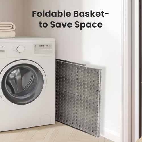 90L Laundry Hamper with Lid, Hand-Woven Pp Rattan Laundry Basket with Compartments & Handles, Removable Liner Bags,Foldable, Narrow Dirty Clothes Basket, Grey - color: 90L-Grey