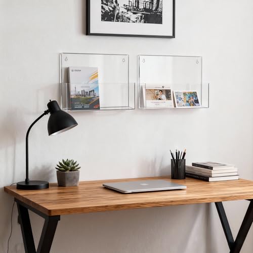 Clear Acrylic Single Pocket Wall Mount File Holders, Self-Adhesive Plastic Document Organizer for Office and Home, Suitable for Legal Size Papers, Brochures, Magazines, and Literature Display, 2 Pack