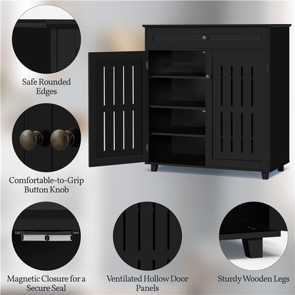 Yaheetech Shoe Cabinet, 4-Tier Shoe Storage Cabinet with Drawer & Adjustable Shelves, Wooden Shoe Rack Organizer with Louvered Doors for Entryway, Hallway, Closet, Living Room, Black