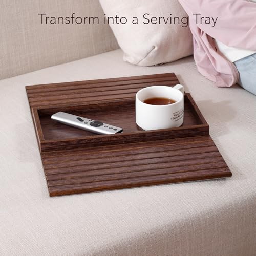 DETOR Couch Arm Tray with Spacious 12.4" x 5.4" Storage Box, Walnut Bamboo Finish, Enhanced Non-Slip Felt Bottom, Sturdy Bamboo Slats, Fits Armrests 6" and Wider - color: Walnut