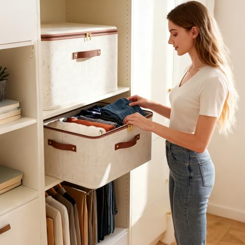 Tuza 3 Pcs Rigid Storage Bins with Zipper Lid, Cotton Linen Fabric Storage Boxes, Foldable Shelves Clothes Storage Cubes with Handles for Wardrobe, Closet(Beige, 25L) - size: L-25L