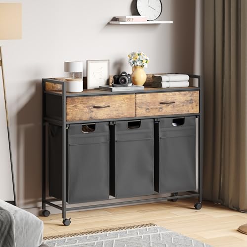 Mondeer Laundry Sorter with 2 Drawers, 150L with Pull-Out Removable Laundry Bags, Laundry Hamper Baskets with 3 Section and Wheels, Rustic Brown and Black - size: 3 Drawers