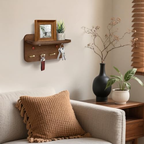 Key Holder Wall Mount, Solid Wood Key Holder for Wall with 4 Brass Hooks & Hidden Magnets, 15° Incline Hooks & Grooved Design to Prevent Slipping, Vintage Brown Key Hanger