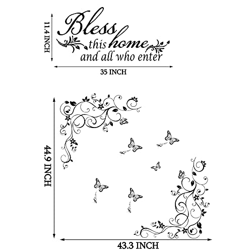 Living Room Wall Decals Stickers Bless This Home and All Who Enter Removable Vinyl Quotes Black Flowers Vine Wall Stickers Butterfly Wall Sticker Murals Peel and Stick Art for Home Decorations