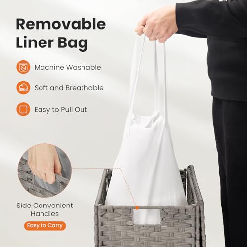 90L Laundry Hamper with Lid, Hand-Woven Pp Rattan Laundry Basket with Compartments & Handles, Removable Liner Bags,Foldable, Narrow Dirty Clothes Basket, Grey - color: 90L-Grey