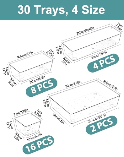 30Pcs Clear Plastic Drawer Organizers Set, 4size makeup drawer organizer trays for vanity,desk,bathroom,office,nightstand,gadgets for kitchen drawer, Versatile drawer divider storage bins - size: 30P