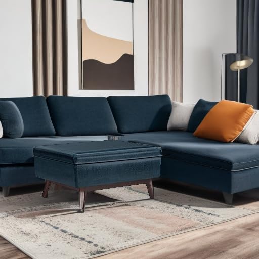 SIMPLIHOME Owen Coffee Table Storage Ottoman - 34 inch Wide Upholstered Vegan Leather Rectangular Lift-Top Ottoman in Distressed Dark Blue, Mid-Century Modern Bench for Living Room with Tapered Legs