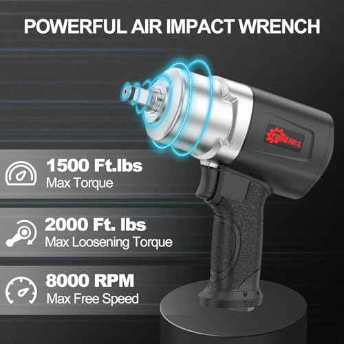 Air Impact Wrench 1/2" - 1/2 Inch Impact Gun 1/2 Drive, 1500Ft-lbs, 8000RPM High Torque Impact Wrench, Weight 4.74 lb, 1/2 Air Impact Gun for Auto Repair, Tire Shop