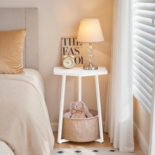 MAHANCRIS Small Side Table, Round End Table with Storage Basket, Modern Nightstand for Small Space, Hexagonal Bedside Table, Couch Side Table for Living Room, Bedroom, White ETWT9901