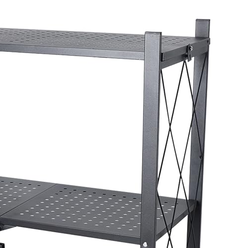 3-Tier Foldable Metal Kitchen Trolley Rack, Rolling Storage Shelf with Wheels, Perforated Mesh Shelving Organizer, for Kitchen, Home Office & Entryway