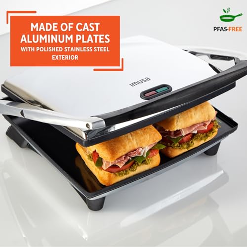 IMUSA 12x10in Stainless Steel Electric Panini Press with Temperature Control, Nonstick Plates for Sandwiches, Grilled Paninis, Quesadillas, and More