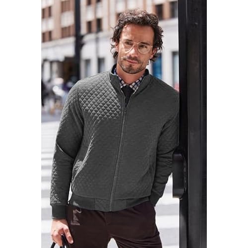COOFANDY Mens Zip Up Sweatshirt Mock Neck Quilted Jacket Casual Lightweight Sweater Jackets with Pocket