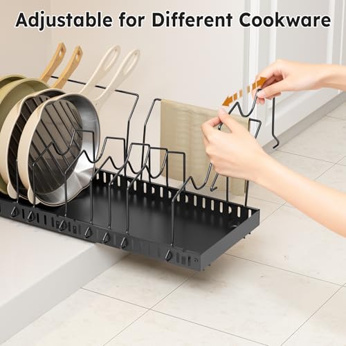 DTUQYX Pull Out Pot and Pan Organizer - 2 Pack Pots and Pans Organizer Under Cabinet Expandable Kitchen Pot Lid No Drill with 20 Adjustable Dividers and Towel Bar（Black,16.53-21.25in） - color: Matte black