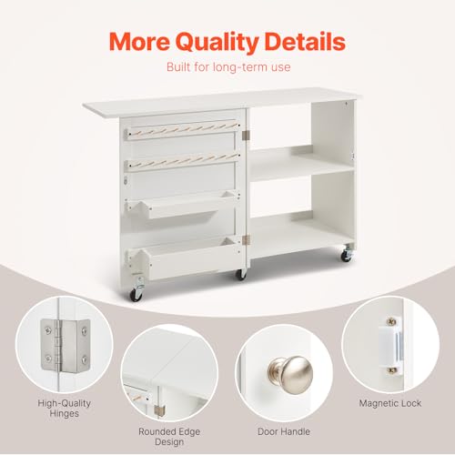 VEVOR Folding Sewing Table, Multipurpose Sewing Machine Table with Compact Design, Wheels, Shelves, Storage Trays, Wooden Pegs, and Magnetic Doors, Sewing Desk Cabinet for Sewing Machine, White - size: White w/o Cabinet