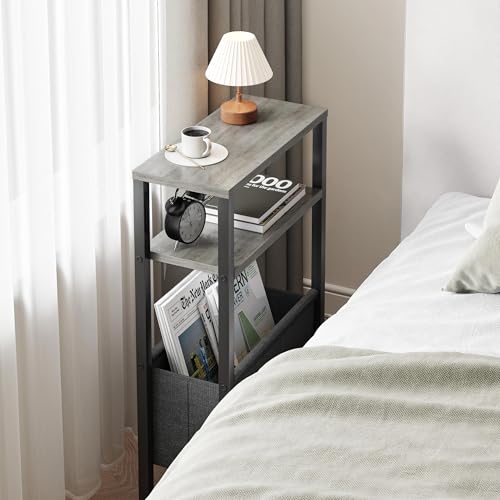 Narrow Side Table, Slim End Table with Magazine Rack, Bedside Table for Small Spaces, 3 Tier Sofa Couch Table Nightstand for Living Room, Bedroom, Oak Grey LET503Q - color: Oak Grey