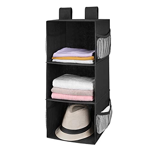 MAX Houser 3-Shelf Hanging Closet Organizer, Hanging Sweater Organizer, Foldable Hanging Shelves for Closet with 2 Velcro, Black - color: Black