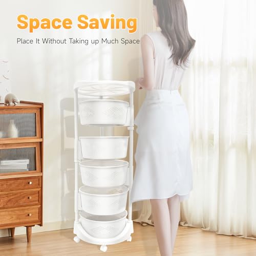 Multi-Layer Vegetable Rotating Basket Rack, Fruit Snack Storage Kitchen Organizer, White Storage Cart, Fruit Basket for Kitchen with 5 Lockable Casters, Vegetable Rack (5 Tiers) - size: 5 Tiers