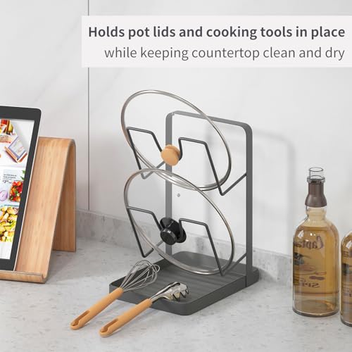 Kitchen Pot Lid Storage Rack,Stainless Steel Pot Lid Holder while Cooking,Multifunctional Kitchen Pot Lid Organizer for Countertop,Two-compartment Cooking Rack