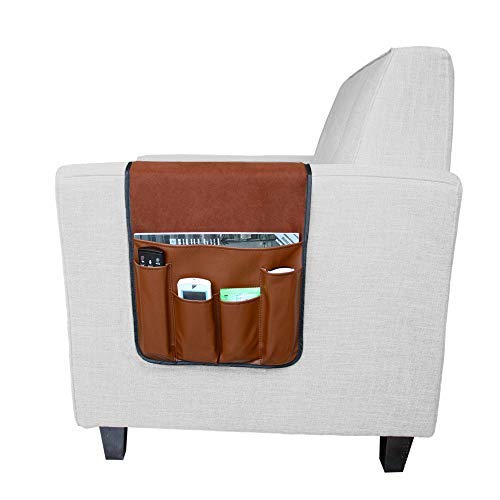 IPENNY No-slip Leather Sofa Couch Remote Control Holder Chair Armrest Caddy Pocket Organizer Storage Bag for Cellphone Tablet Notepad Book Magazines DVD Eyewears Drinker Snacks Holder Pouch - color: Coffee (Leather + Suede fabric)