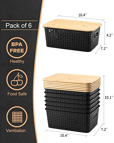 AREYZIN Storage Bins with Bamboo Lids Set of 6 Lidded Storage Container Plastic Baskets Organizer Bins for Organizing Kithen Room Bedroom Office Closet, Sturdy(Black)