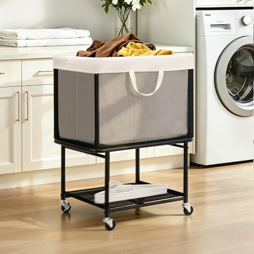 STO STO Rolling Laundry Hamper with Lockable Wheels, 29-Gallon (110L) Laundry Cart with Removable Canvas Bag, 2-Tier Clothes Basket Hamper with Shelf for Closet, Bedroom, Bathroom, Laundry Room