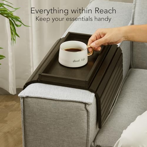 DETOR Sofa Arm Tray with Spacious 12.4" x 5.4" Storage Box, Ebony Bamboo Finish, Enhanced Non-Slip Felt Bottom, Sturdy Bamboo Slats, Fits Armrests 6" and Wider - color: Ebony