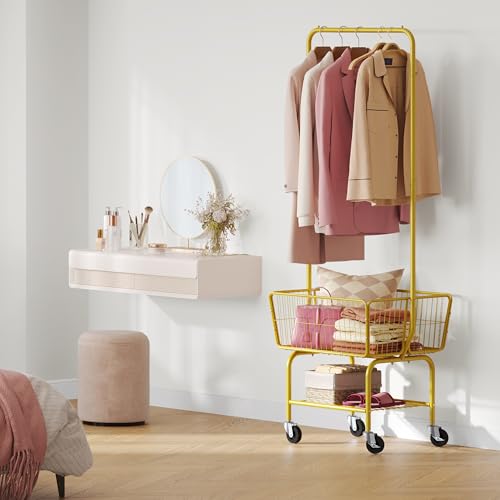 Tajsoon Laundry Cart with Wheels, Metal Rolling Laundry Hamper with Hanging Rack, Storage Basket and Shelf, Gold - color: Gold