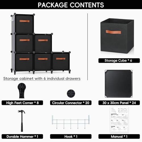 Cube Storage Organizer with Storage Bins, 6-Cube Shelves Units with 6 Organizer Bins, DIY Plastic Storage Shelves with Mallet, Closet Clothes Storage Shelves for Home, Bedroom, Living Room
