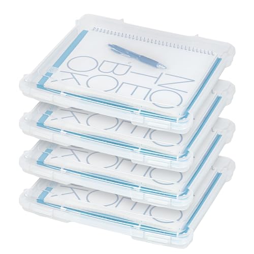 IRIS USA Board Game Storage Craft Organizer Box with Snap-Tight Latch Lid, 4-Pack Portable Plastic Case Bin for Puzzles, Magazines, Hobbies, Art Supplies, Fits 8.5" x 11" & A4 Papers, Slim, Clear - size: 4 Pack