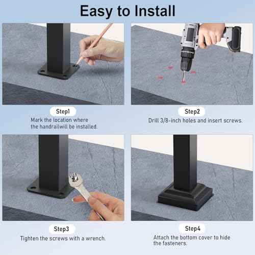Outdoor Handrails for 1-2 Steps, Stair Railing Kit for Concrete & Porch Steps, Adjustable Black Iron Hand Rail for Seniors, Easy Installation, Retro Arch Design